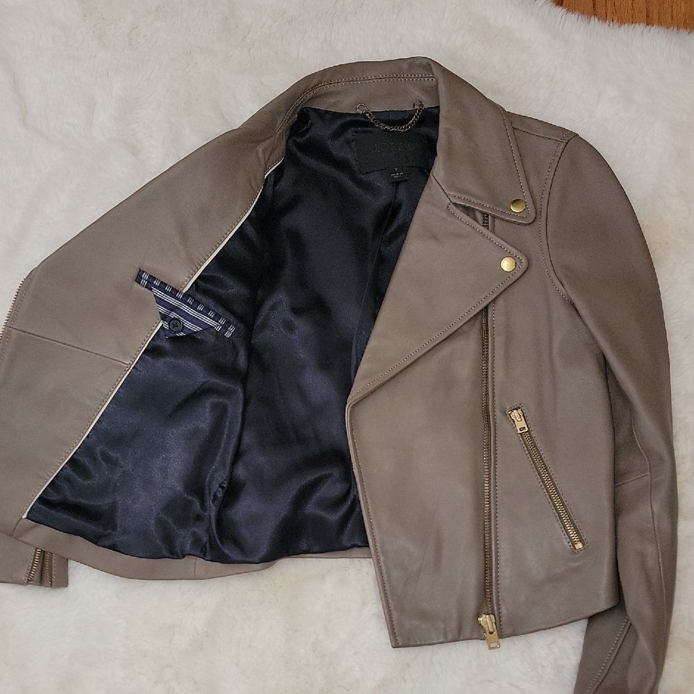 J. Crew Taupe Leather Moto Jacket with Gold Hardware Womens Size 2 - Picture 6 of 12